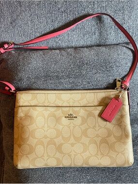 Coach Khaki Signature Canvas Crossbody with Pink Strap
